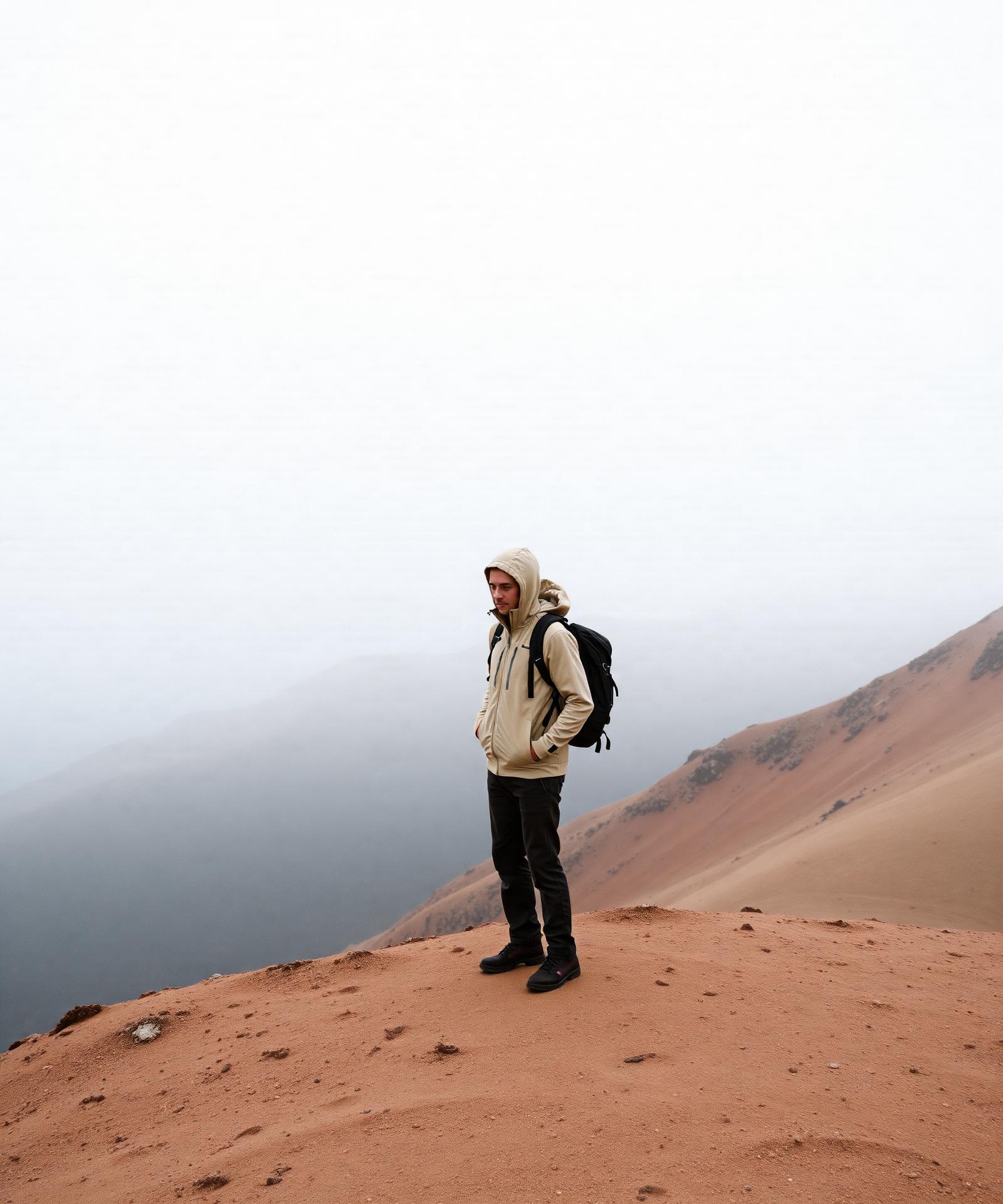 A hiker in a beige shell jacket on a foggy alpine ridge